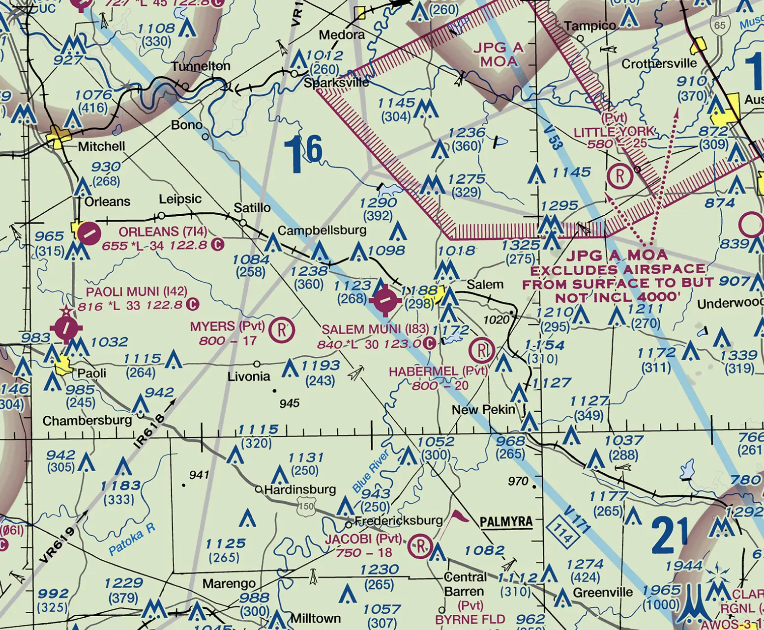 Sectional chart area around Salem, Indiana